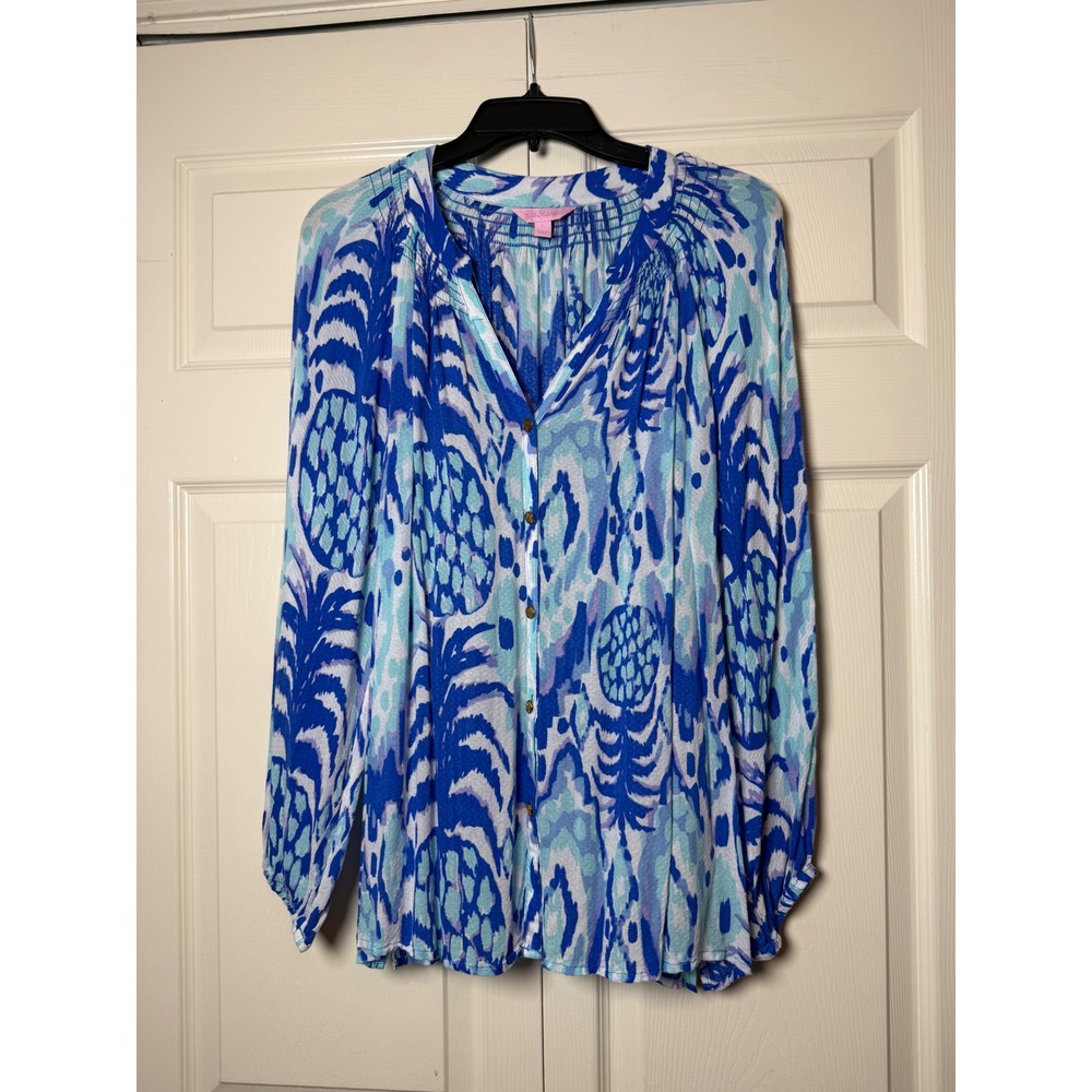 Lilly Pulitzer Women's Serene Blue Tropi Call Me Elsa Blouse Top